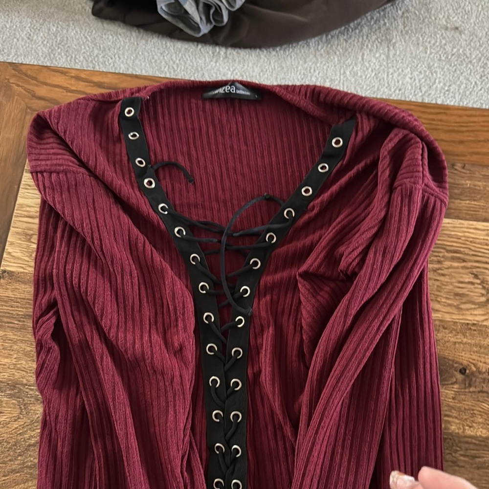 Zanzea Burgundy Long Sleeve Lace-Up Tee